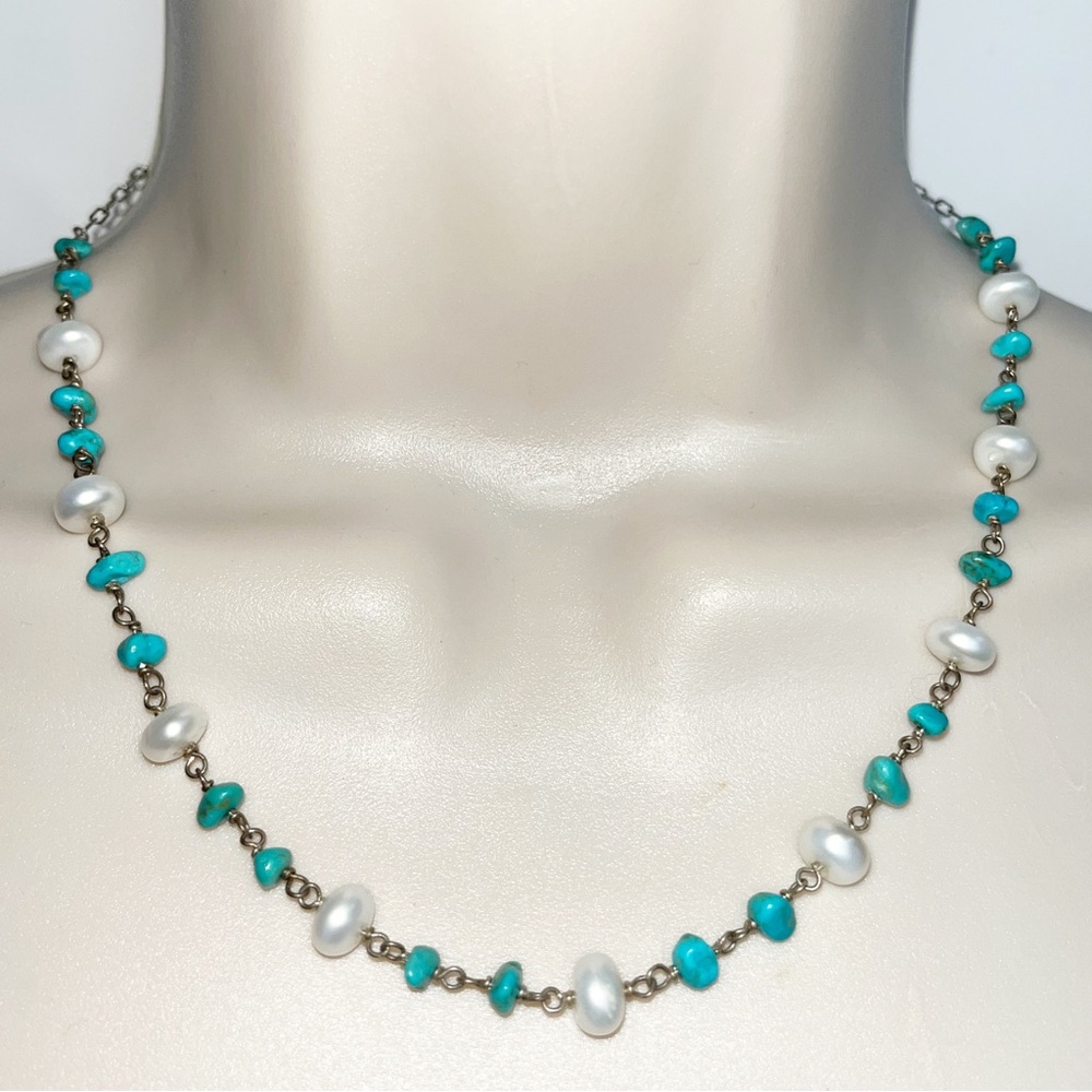 Genuine Freshwater Pearls Turquoise Stones Sterling Silver Dainty Chain Necklace